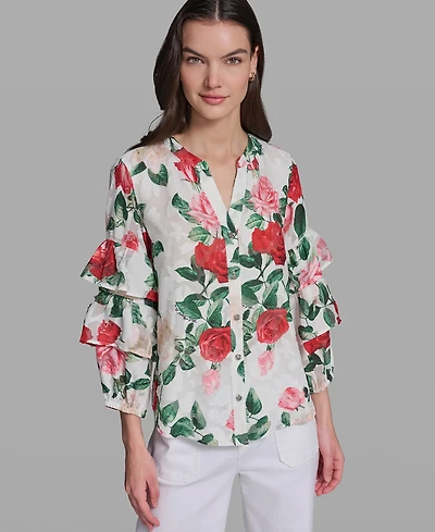 Karl Lagerfeld Paris Petite Ruffle-Sleeve Rose Print Blouse