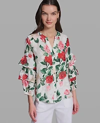 Karl Lagerfeld Paris Petite Ruffle-Sleeve Rose Print Blouse