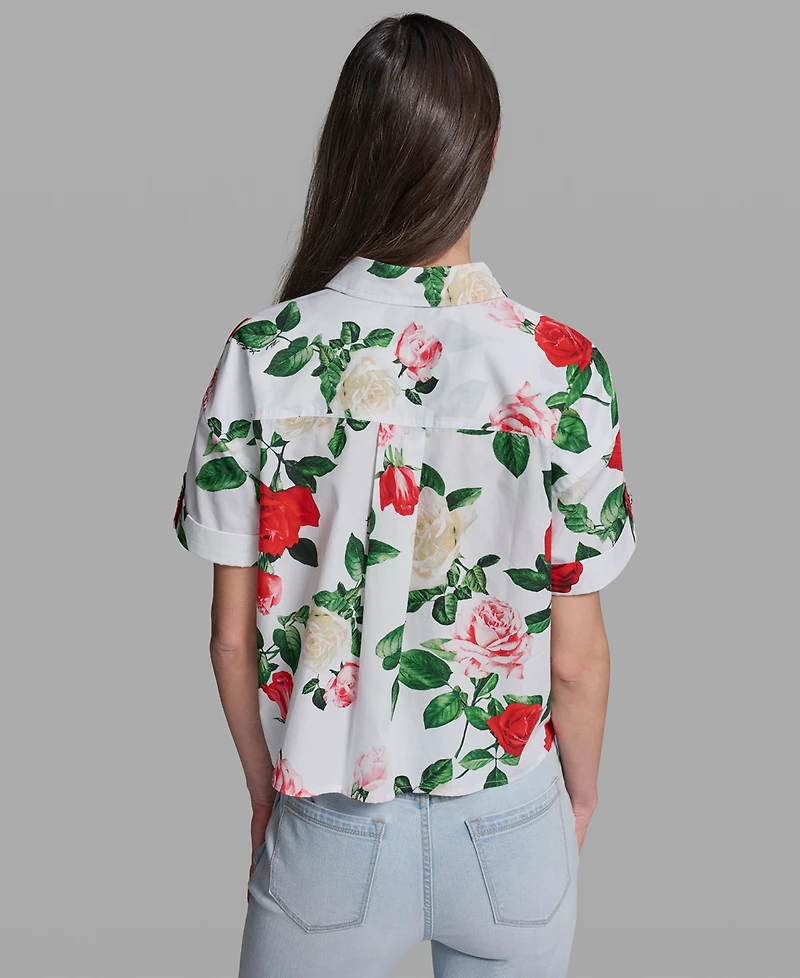 Karl Lagerfeld Paris Petite Printed Poplin Collared Camp Top