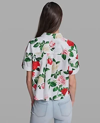 Karl Lagerfeld Paris Petite Printed Poplin Collared Camp Top