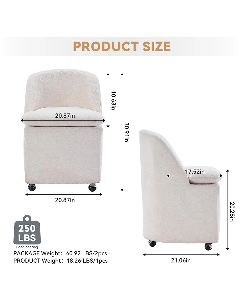 Rainsken Rolling Dining Chairs Set of 2, Chenille Upholstered Kitchen Chairs with Universal Wheels and Curved Backrest for Dining Room, Living Room