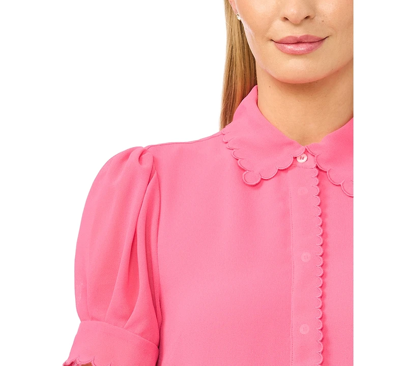 CeCe Women's Scalloped Puff-Sleeve Button-Front Top