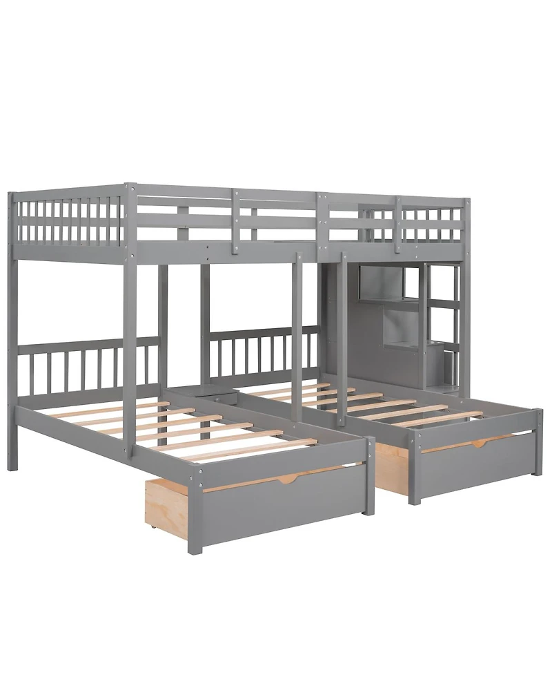 Streamdale Furniture Wood Triple Bunk Bed with Drawers and Guardrails