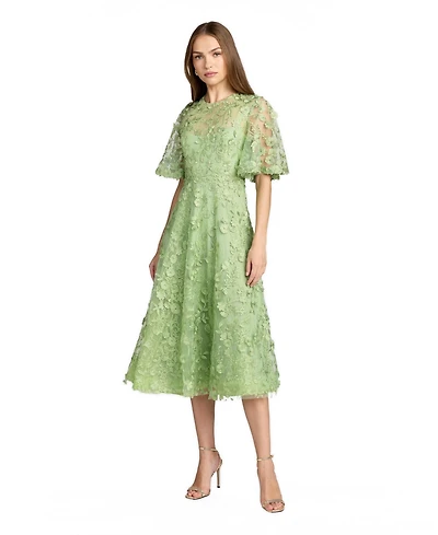 Mac Duggal Women's Flutter Sleeve Embroidered Midi Dress