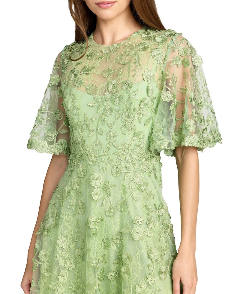 Mac Duggal Women's Flutter Sleeve Embroidered Midi Dress