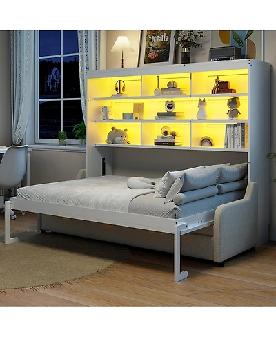 Streamdale Furniture Queen Murphy Bed With Sofa, Storage and Led