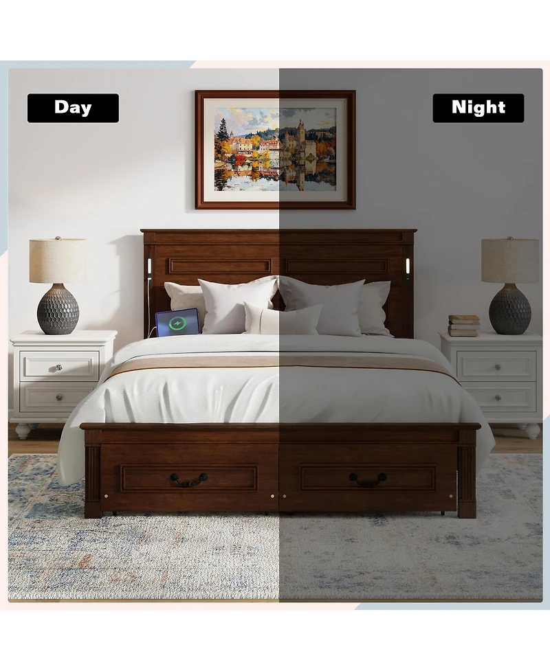 Streamdale Furniture Led Storage Bed w/Usb, Walnut Pinewood Frame