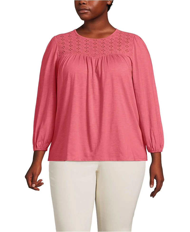 Lands' End Plus 3/4 Sleeve Eyelet Mix Flowy Top