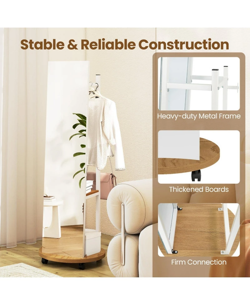 Gouun Freestanding Coat Rack with Full-Length Mirror, 3 Hooks and Storage Shelves on Wheels