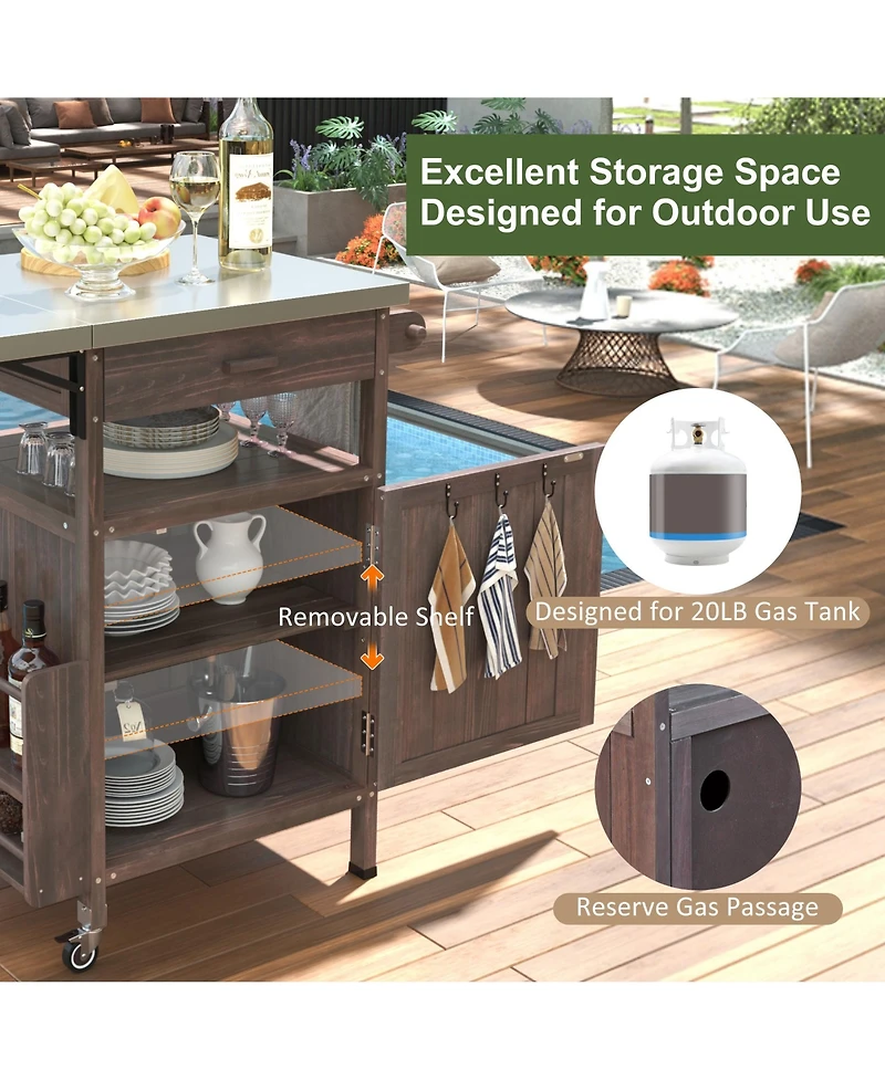 sumyeg 40.5inch Outdoor Grill Cart with Stainless Steel Top, Solid Wood Storage Cabinet with Drop Leaf, Drawer, Towel Rack and Lockable Wheels