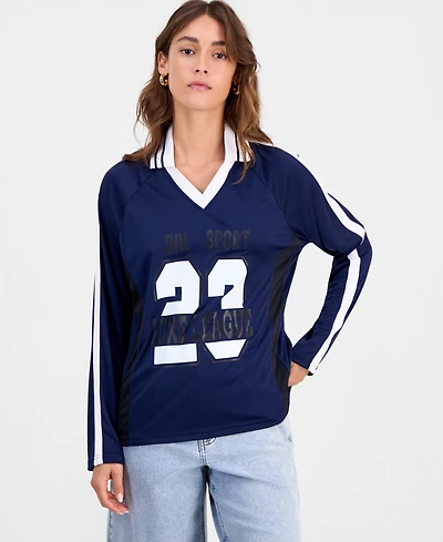 Bar Iii Women's Sporty Graphic Long-Sleeve Polo Top, Macy's Exclusive
