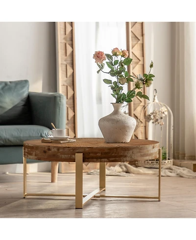 Streamdale Furniture 31.3" Modern Retro Round Coffee Table, Fir Wood Top, Gold Legs