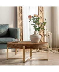 Streamdale Furniture 31.3" Modern Retro Round Coffee Table, Fir Wood Top, Gold Legs