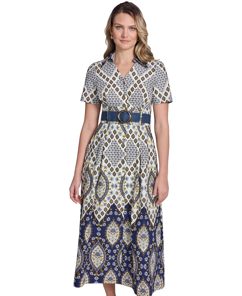 Jessica Howard Women's Collared Short-Sleeve Belted Shirt Dress