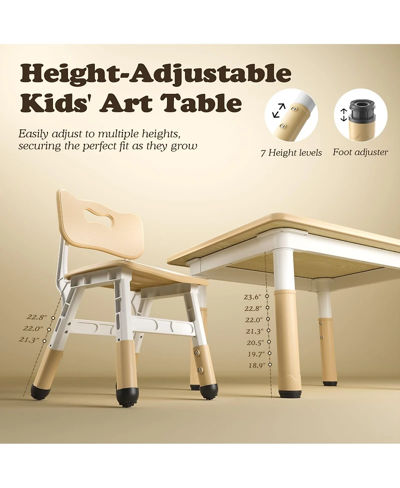 Kinder King Kids Height-Adjustable Table and 2 Chairs Set with 31.5''W Easy-Clean Top, Beige