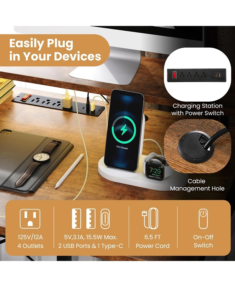 Sugift L-Shaped Gaming Desk with Led Lights and Power Outlets-Rustic Brown