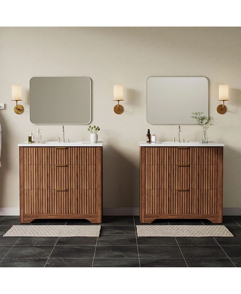 homfan Fluted Bathroom Vanity with Sink, Farmhouse Freestanding Cabinet 2 Drawers and Flip-Down Drawer, Easy Assembly