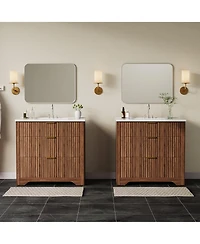 homfan Fluted Bathroom Vanity with Sink, Farmhouse Freestanding Cabinet 2 Drawers and Flip-Down Drawer, Easy Assembly