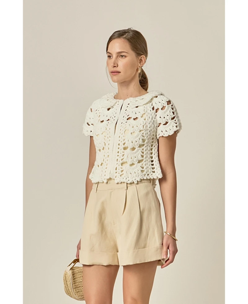 English Factory Women's Crochet Knit Crop Cardigan