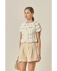 English Factory Women's Crochet Knit Crop Cardigan