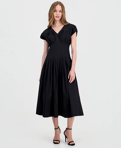 Anne Klein Remove Women's Pleated-Waist V-Neck Midi Dress