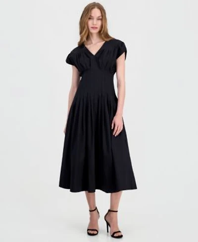 Anne Klein Womens Pleated Waist V Neck Midi Dress