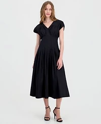 Anne Klein Womens Pleated Waist V Neck Midi Dress