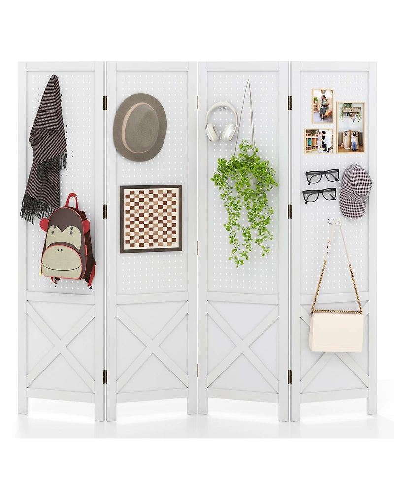 Slickblue Pegboard Display Stand 4 Panel Folding Room Divider with Wooden Frame