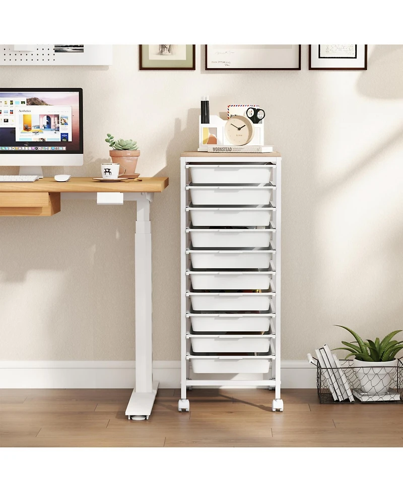 Sugift 10-Drawer Rolling Storage Cart Mobile Utility Organizer with Wooden Tabletop and Lockable Wheels