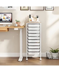 Sugift 10-Drawer Rolling Storage Cart Mobile Utility Organizer with Wooden Tabletop and Lockable Wheels