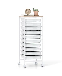 Sugift 10-Drawer Rolling Storage Cart Mobile Utility Organizer with Wooden Tabletop and Lockable Wheels