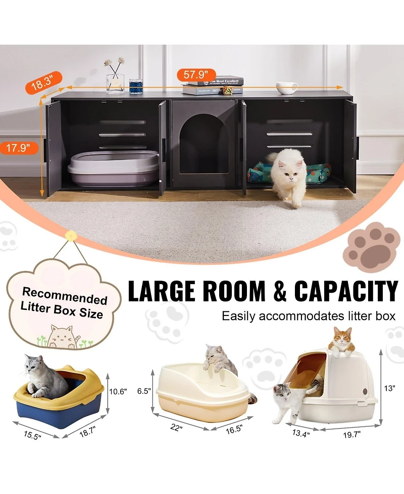 Inolait Wooden Cat Litter Box Enclosure Cabinet with Double Rooms for 2 Cats
