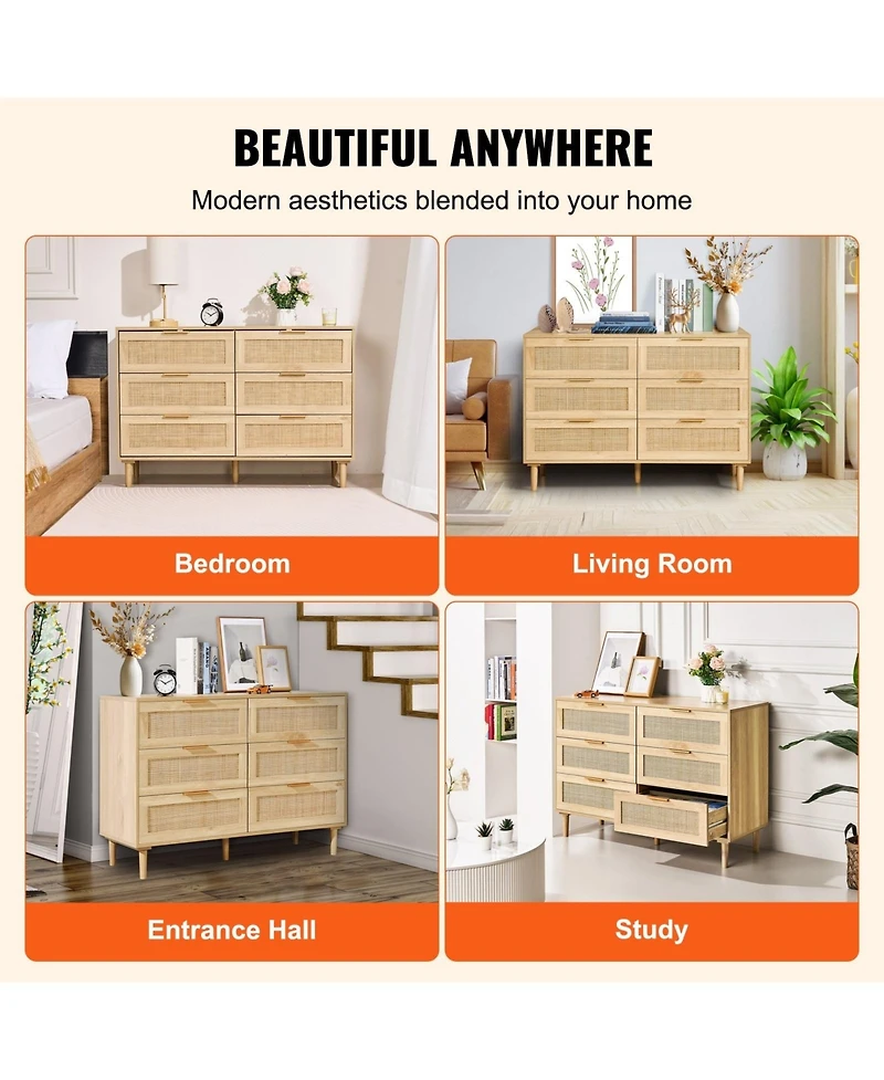 Gouun 6 Drawer Rattan Dresser with Spacious Storage for Bedroom and Hallway