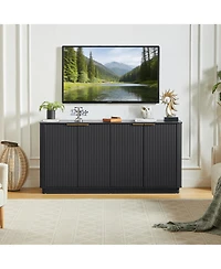 Rainsken Vertical Stripe Sideboard Buffet Cabinet, Modern 4-Door Storage Cabinet with Gold Handles, Curved Wave Design for Living Room