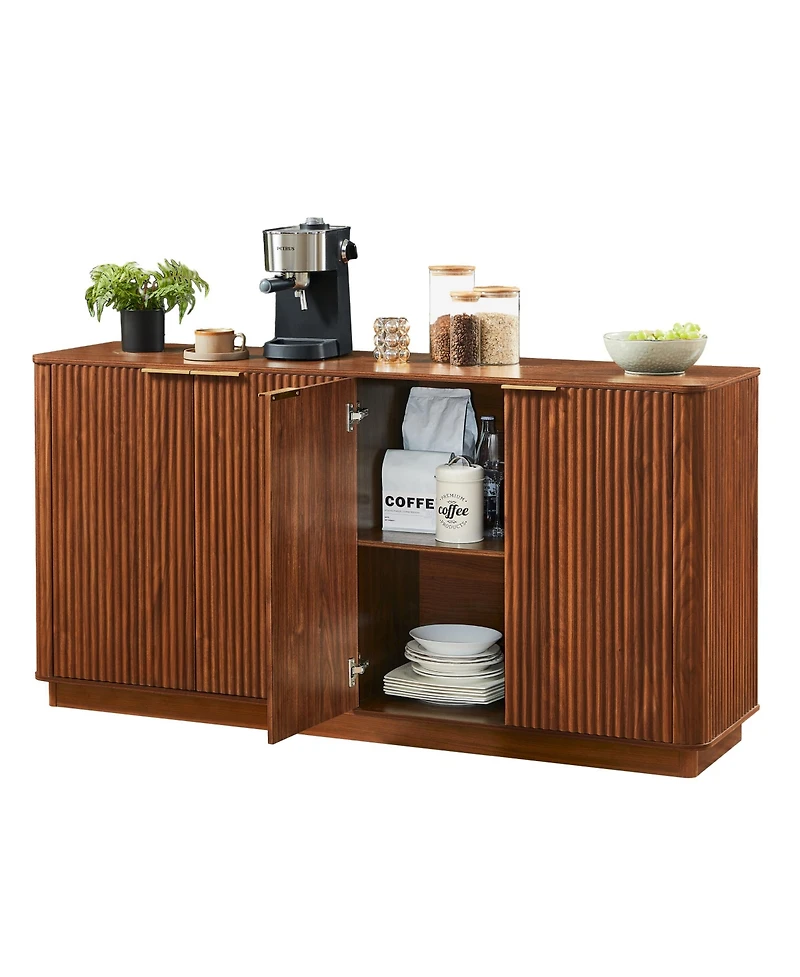 Rainsken Modern Vertical Stripe Buffet Cabinet, 4-Door Storage Sideboard with Curved Wave Detail and Gold Handles for Living Room