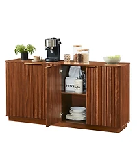 Rainsken Modern Vertical Stripe Buffet Cabinet, 4-Door Storage Sideboard with Curved Wave Detail and Gold Handles for Living Room