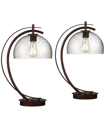 Possini Euro Design Modern Desk Lamps Set of 2 with Usb Port 22 1/2" High Bronze Led Clear Seeded Glass Shade for Bedroom Office