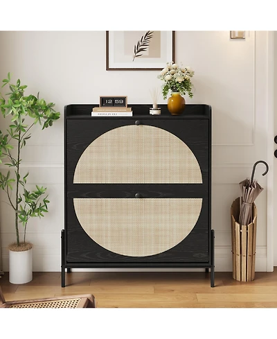 Rainsken Freestanding Rattan Storage Cabinet, Slim Shoe Organizer Featuring 2 Flip Drawers and Sturdy Metal Legs for Entryway