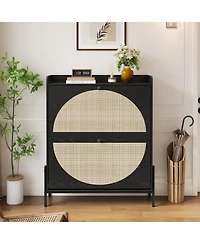 Rainsken Freestanding Rattan Storage Cabinet, Slim Shoe Organizer Featuring 2 Flip Drawers and Sturdy Metal Legs for Entryway