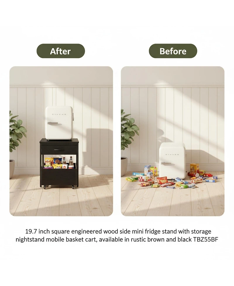 Yigii End Table Mini Fridge Stand with Storage Drawer Mobile Basket Cart for Living Room Bedroom