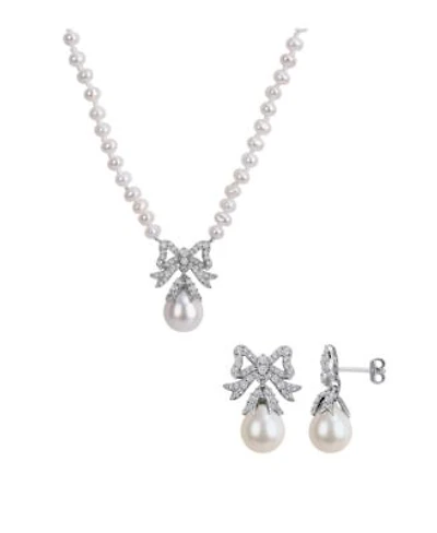Macys Cultured Freshwater Pearl White Topaz Drop Earnings Necklace In Sterling Silver Collection