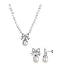 Macys Cultured Freshwater Pearl White Topaz Drop Earnings Necklace In Sterling Silver Collection