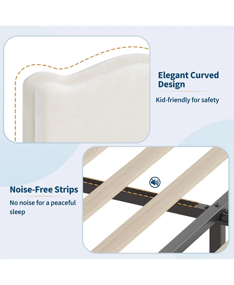 homfan Versatile Scallop Headboard Twin Bed Frame - Upholstered Platform with Storage Drawer Sturdy Wooden Slats Noise-Free Easy Assembly