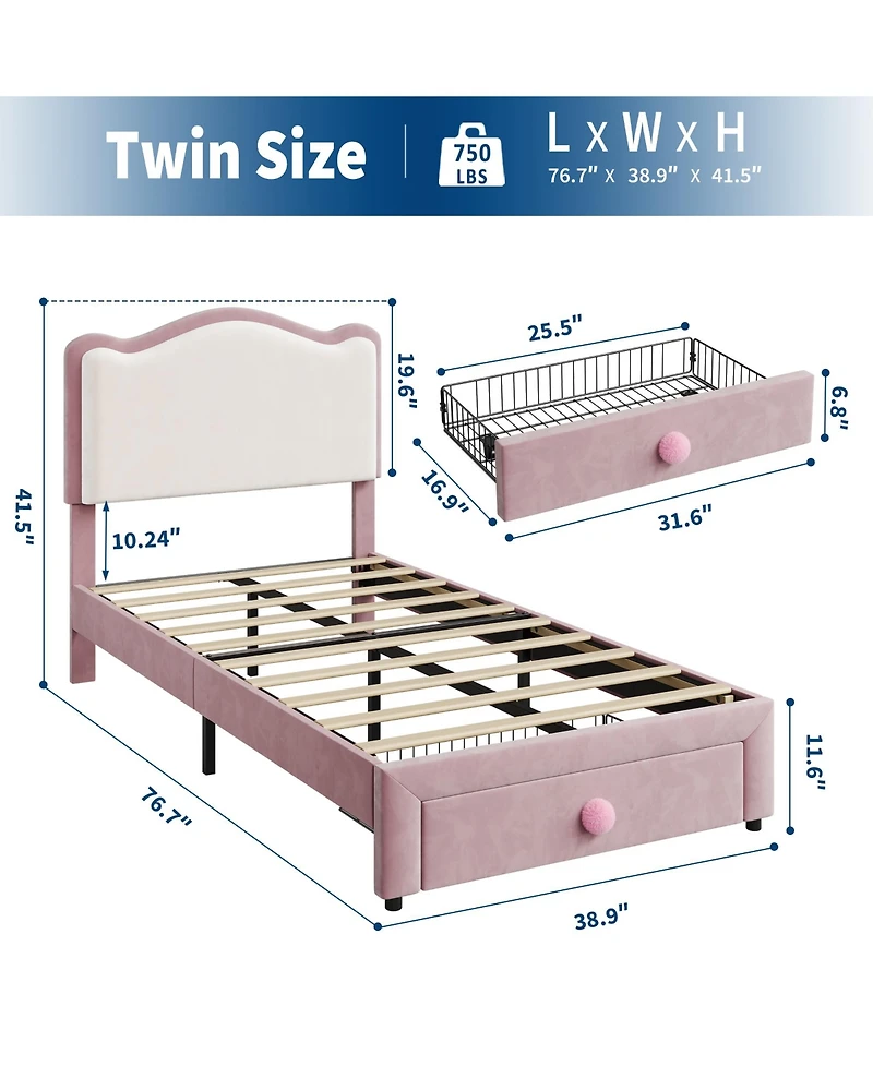 homfan Versatile Scallop Headboard Twin Bed Frame - Upholstered Platform with Storage Drawer Sturdy Wooden Slats Noise-Free Easy Assembly