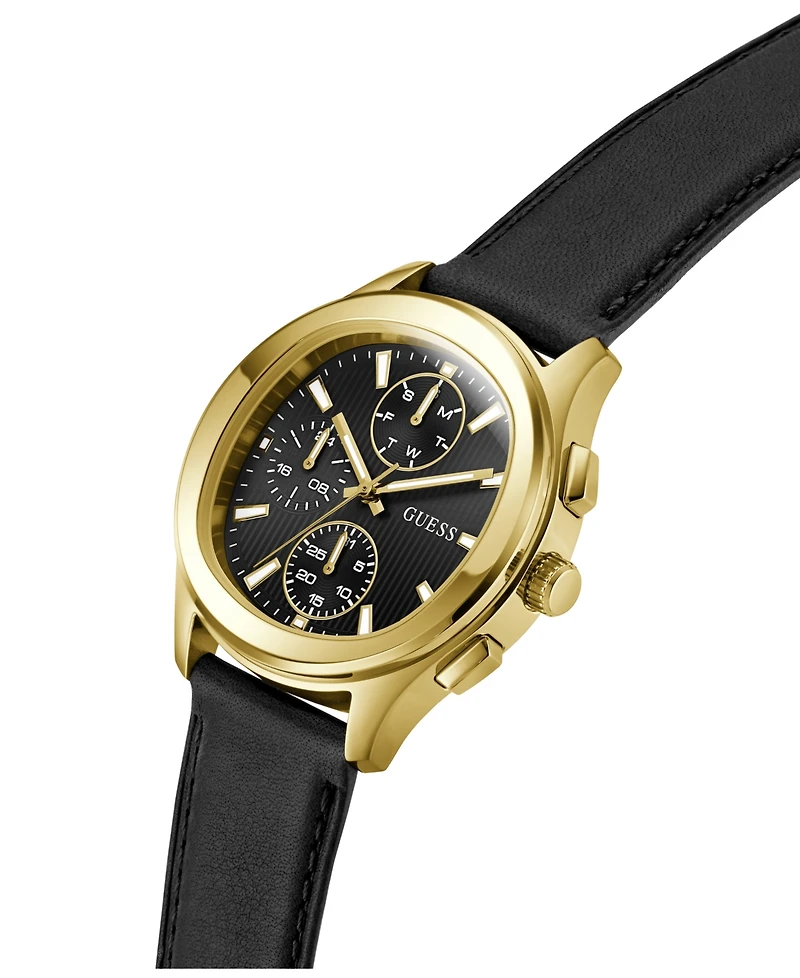 Guess Men's Gold-Tone Stainles Steel Black Leather Multi-Function Watch, 40mm