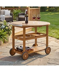 Streamdale Furniture Acacia Wood Bar Cart Foldable Top and Trays, Rolling Patio Server