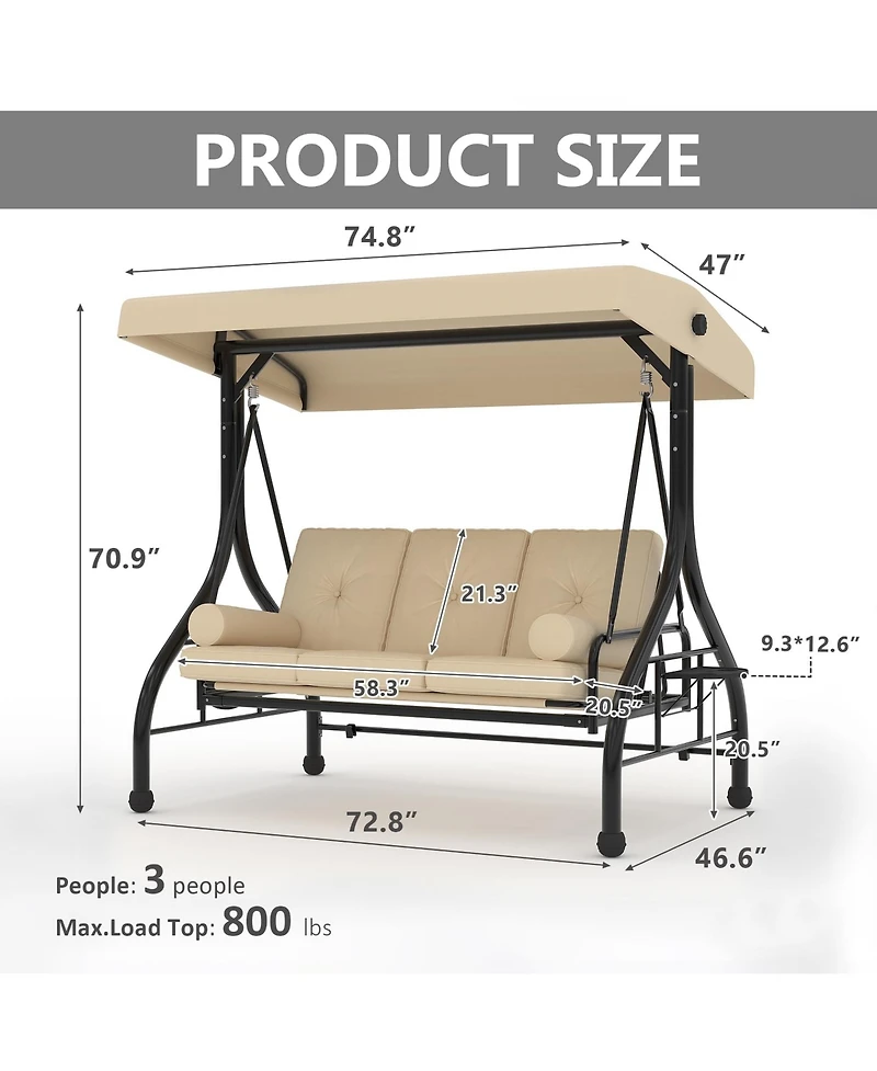 Homfan 3-seat porch swing with stand, adjustable canopy, 800 lb capacity, cup holder tray, cushions and pillows for outdoor patios.