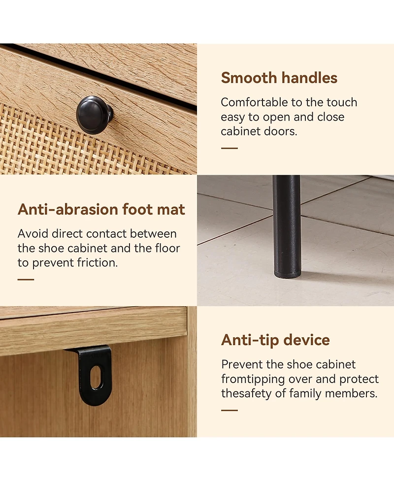 Rainsken Rattan Shoe Cabinet, Narrow Freestanding Storage Organizer with 2 Flip-Top Drawers and Metal Legs for Entryway