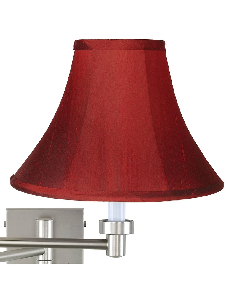 Possini Euro Design Modern Swing Arm Wall Lamp Brushed Nickel Plug-In Light Fixture Deep Red Dupioni Silk Bell Shade for Bedroom