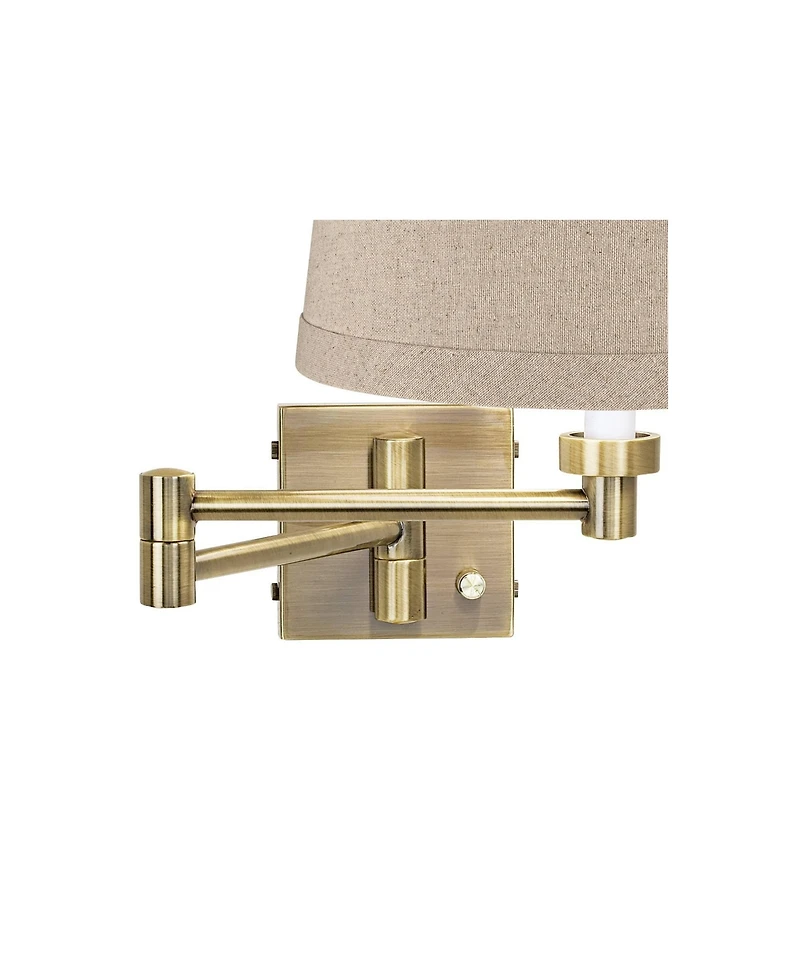 Barnes and Ivy Modern Swing Arm Wall Lamp Antique Brass Plug-In Light Fixture Natural Linen Drum Shade for Bedroom Bedside Reading